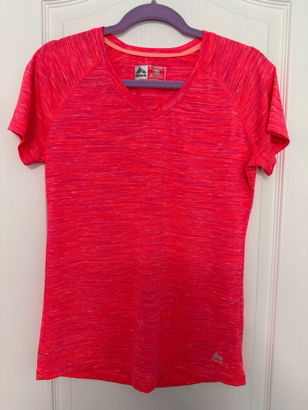 RBX Women's Short Sleeve V-Neck Active Tee in Bright Heather Pink & Coral